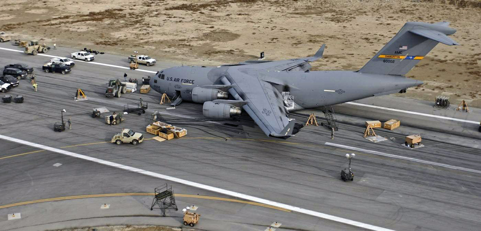 C-17 Gear up incident Bagram Airfield Photo 1